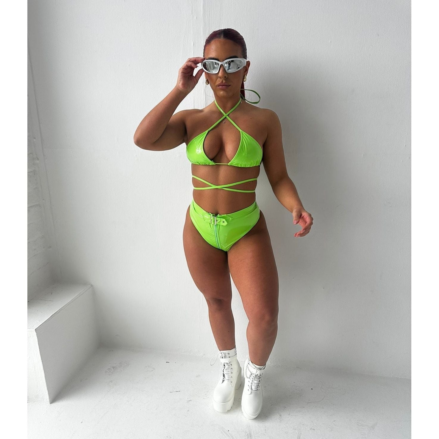 IBIZA SET NEON GREEN RAVE OUTFIT, FESTIVAL OUTFIT, VINYL KNICKERS, BIKINI