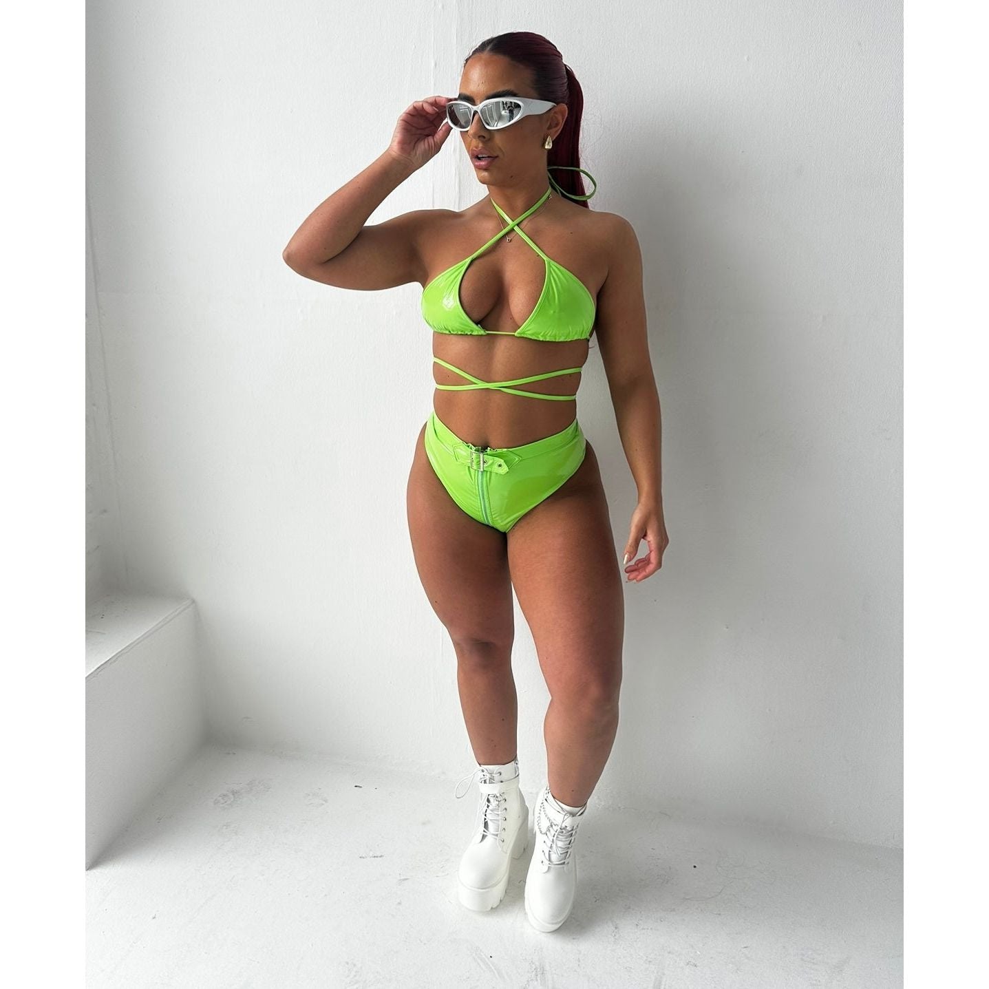 IBIZA SET NEON GREEN RAVE OUTFIT, FESTIVAL OUTFIT, VINYL KNICKERS, BIKINI