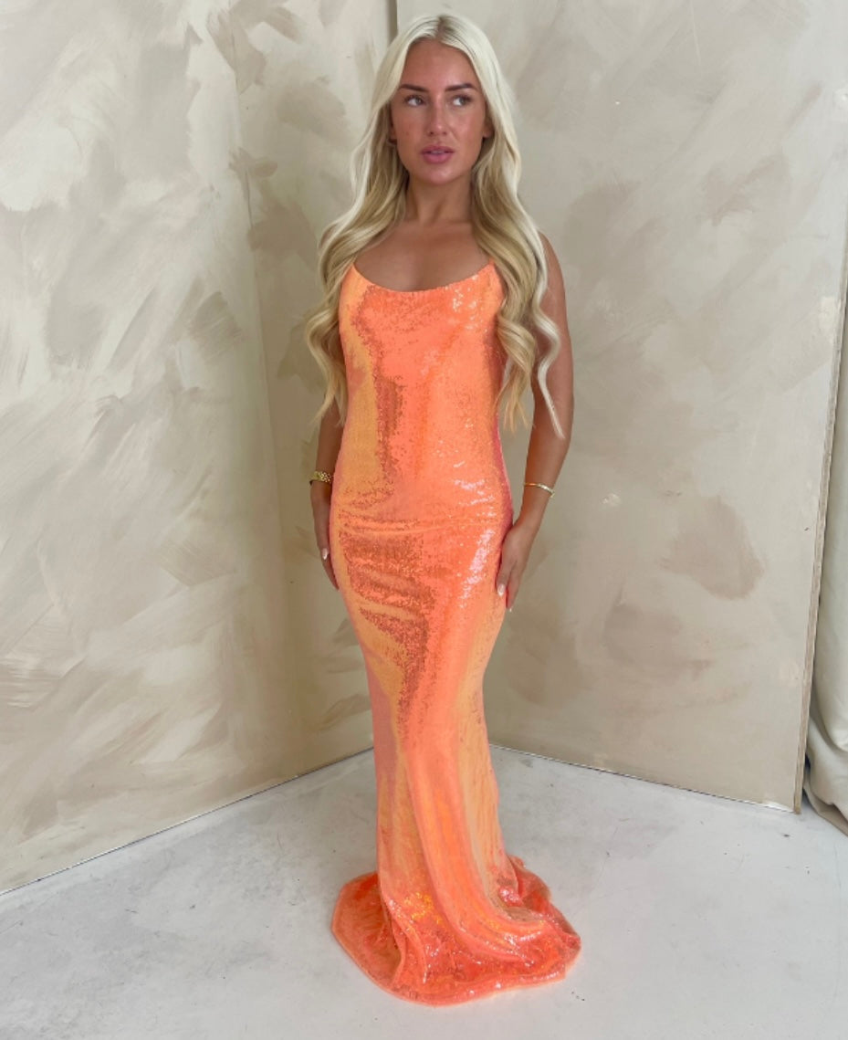 ORANGE SEQUIN MAXI DRESS, SUMMER OUTFIT, IBIZA/ MARBELLA