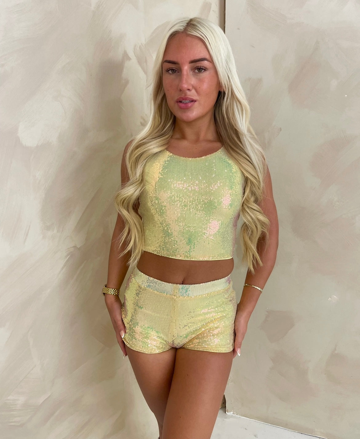 YELLOW SEQUIN CO ORD, RAVE OUTFIT, IBIZA/ MARBELLA, FESTIVAL