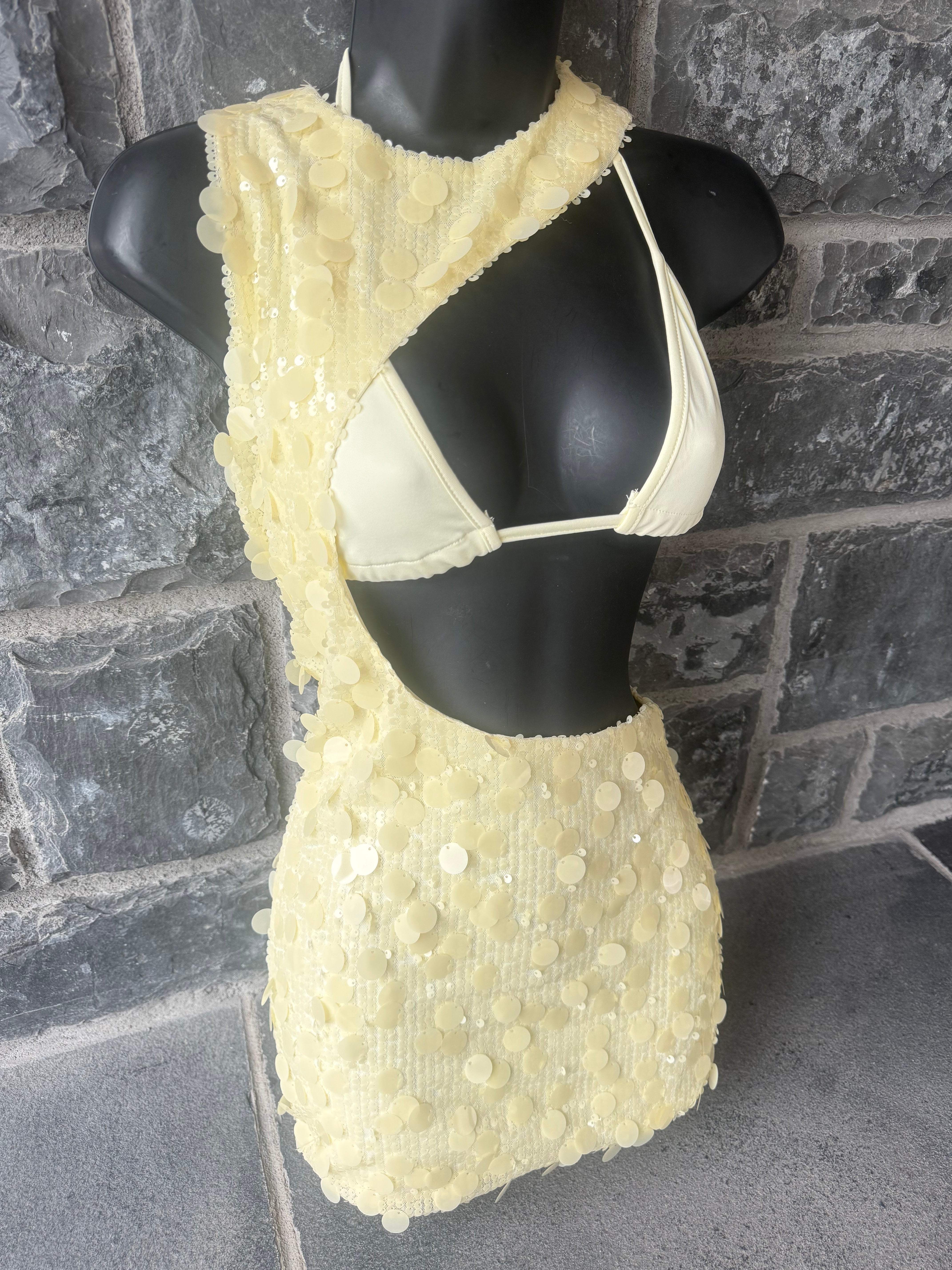 BUTTER YELLOW SEQUIN CUT OUT MINI DRESS, IBIZA / RAVES