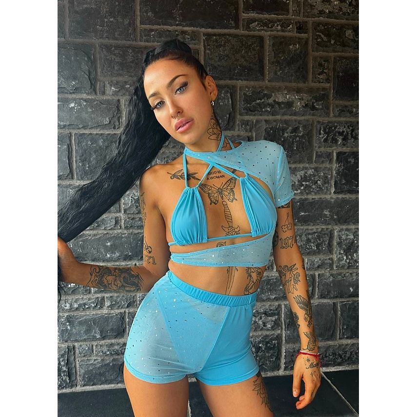 BABY BLUE FOUR PIECE RAVE OUTFIT, FESTIVAL OUTFIT, MESH RAVE WEAR