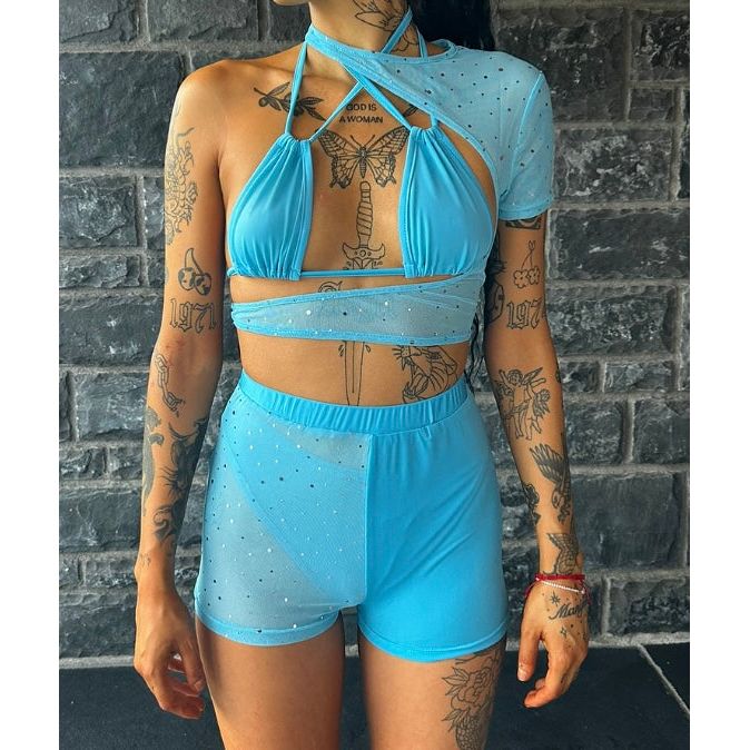 BABY BLUE FOUR PIECE RAVE OUTFIT, FESTIVAL OUTFIT, MESH RAVE WEAR
