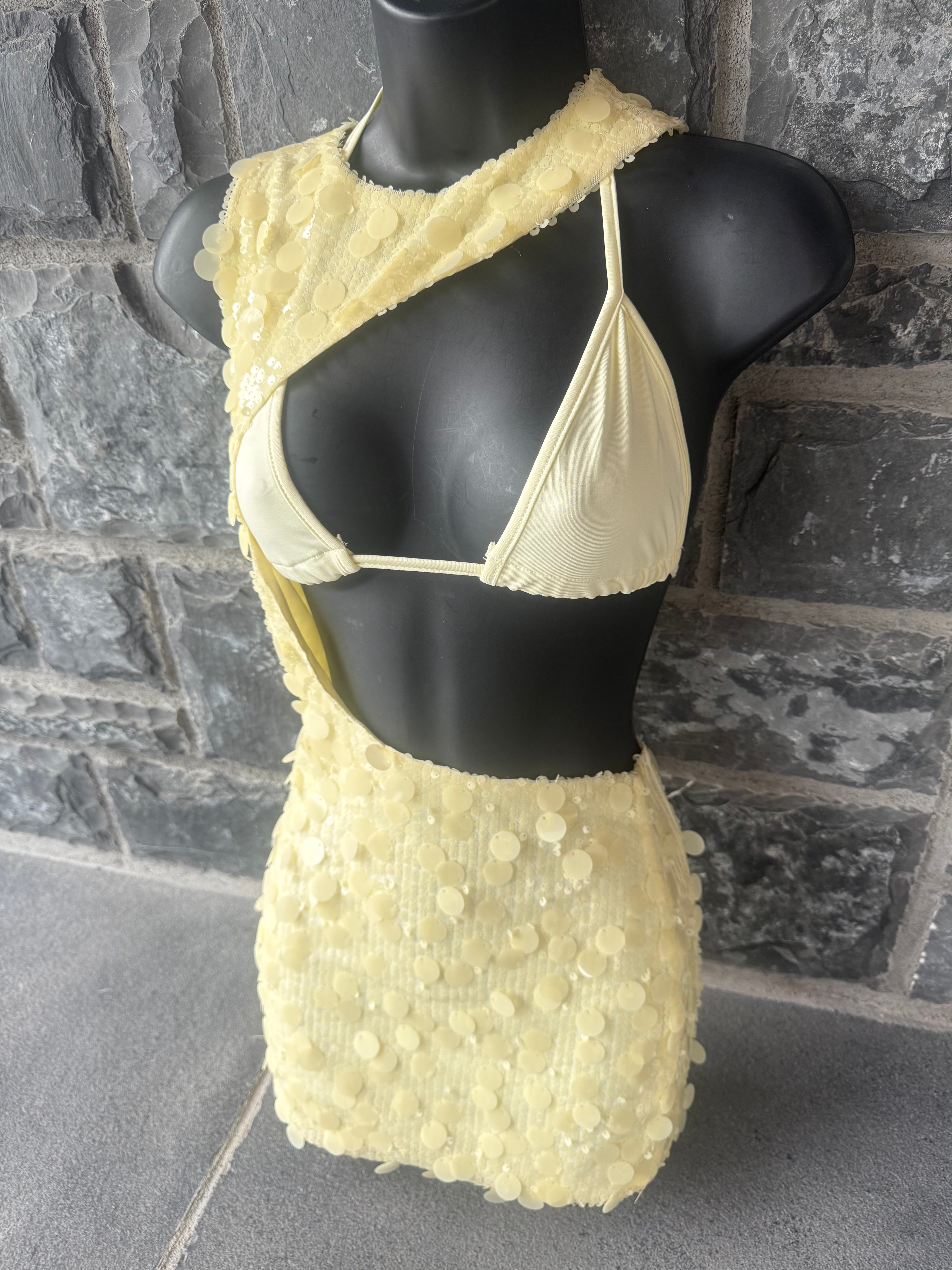 BUTTER YELLOW SEQUIN CUT OUT MINI DRESS, IBIZA / RAVES