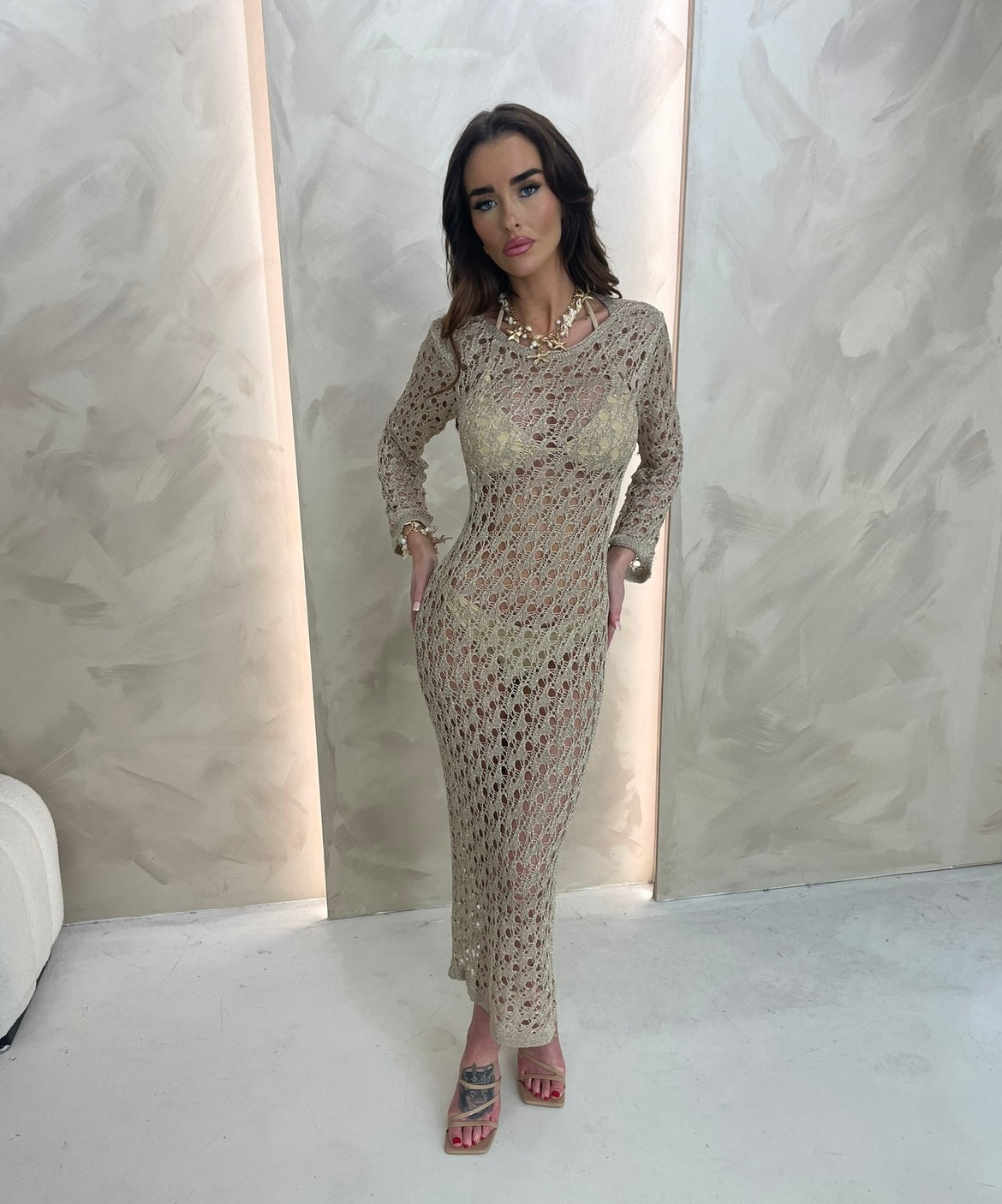 LONG SLEEVE CROCHET STYLE MAXI DRESS, IBIZA/ MARBELLA BEACH COVER UP