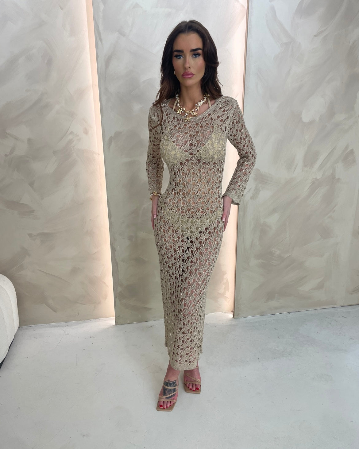 LONG SLEEVE CROCHET STYLE MAXI DRESS, IBIZA/ MARBELLA BEACH COVER UP