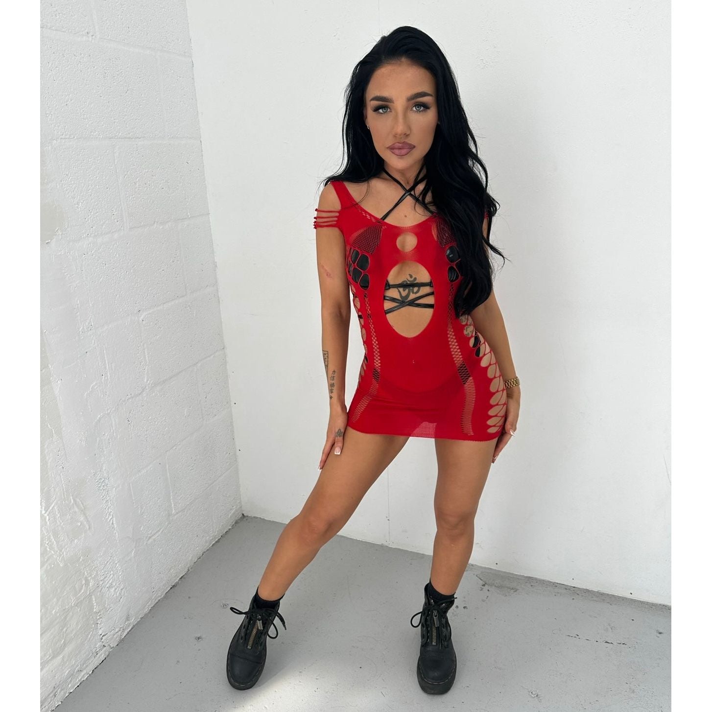 white christmas dresses FISHNET CUT OUT DRESS- RED