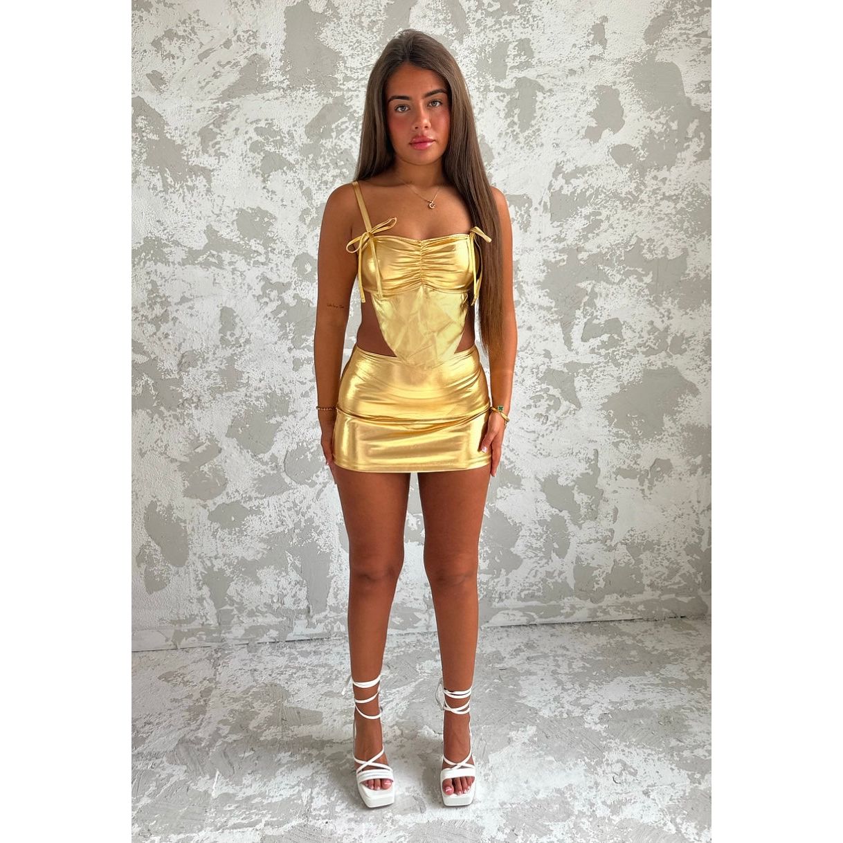 GOLDEN GODDESS TWO PIECE, WOMENS CO ORD, SKIRT & CROP TOP
