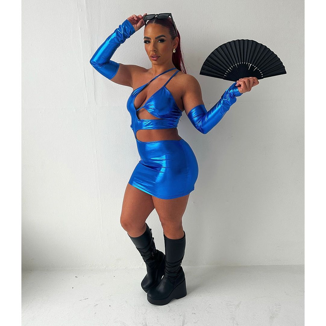 LARIMAR RAVE DRESS, ELECTRIC BLUE METALLIC RAVE OUTFIT, CUT OUT DRESS