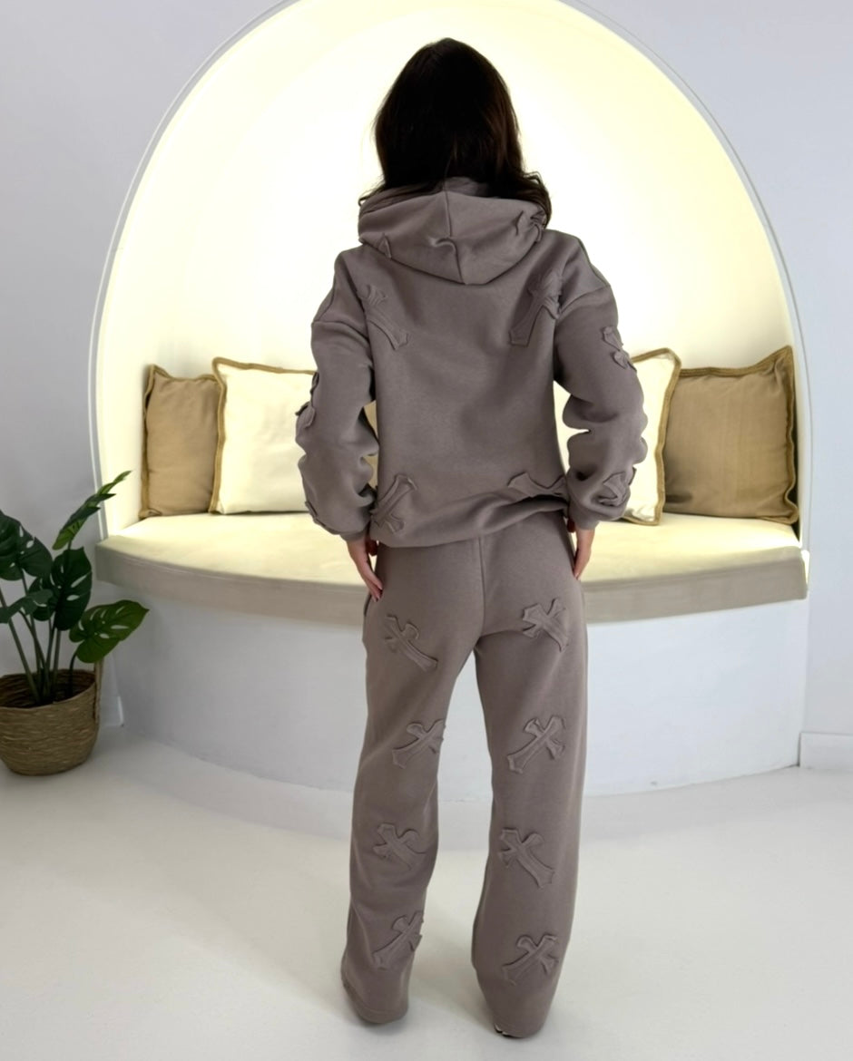 DOVE GREY CROSS STRAIGHT LEG TRACKSUIT, OVER SIZE LOUNGEWEAR
