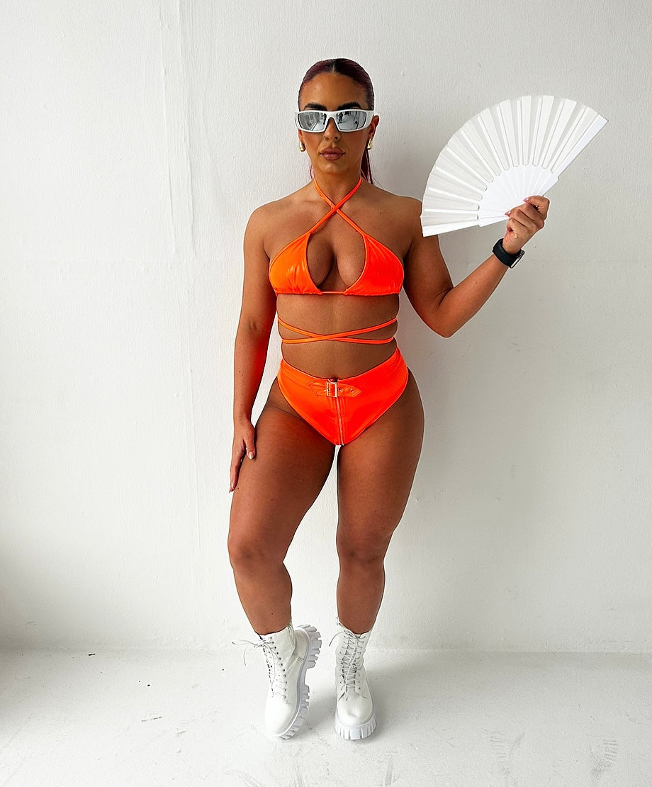 IBIZA SET NEON ORANGE RAVE OUTFIT, FESTIVAL OUTFIT, VINYL KNICKERS, BIKINI