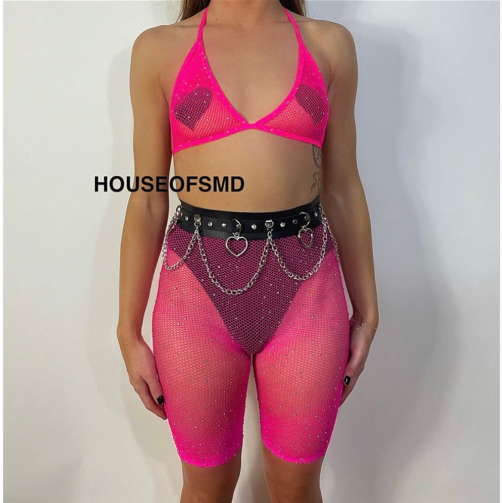 PINK FISHNET RHINESTONE TWO PIECE