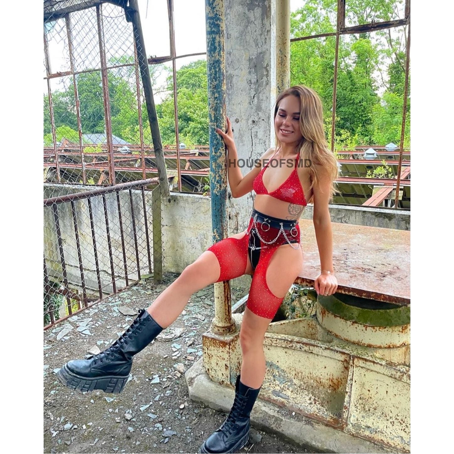 RED FISHNET CHAPS TWO PIECE