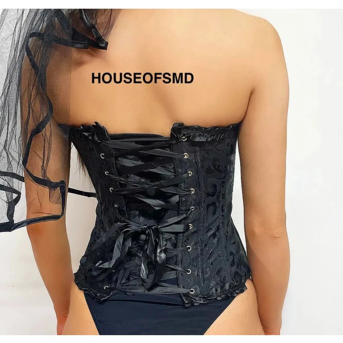 WOMENS BLACK CORSET, LACE UP TOP, DEAD BRIDE