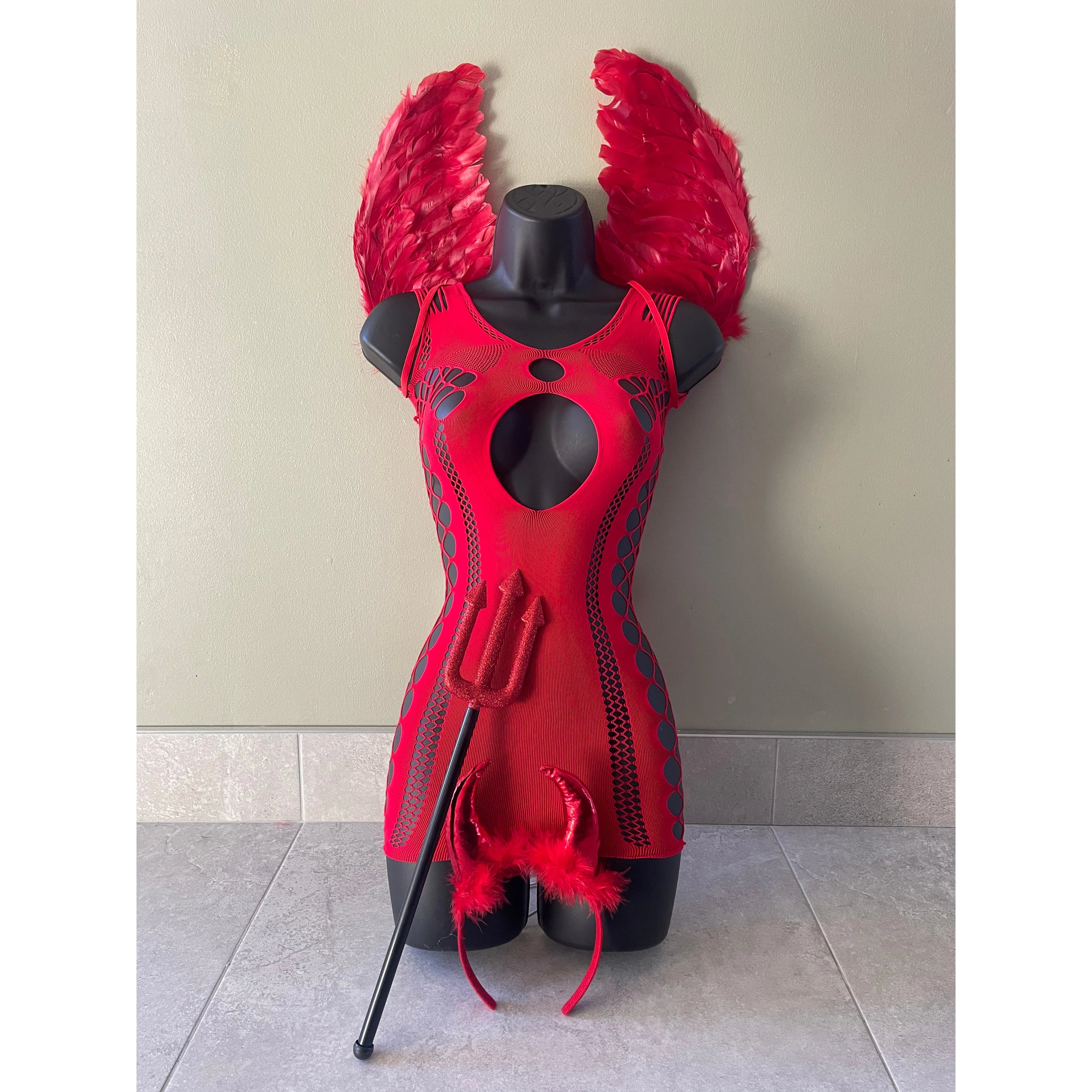 WOMENS RED DEVIL COSTUME, FANCY DRESS, FISHNET DRESS