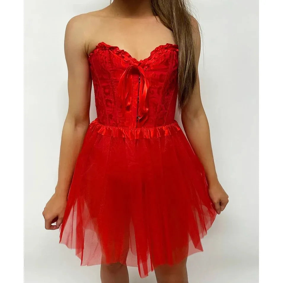 WOMENS RED LACE UP CORSET FANCY DRESS HALLOWEEN COSTUME