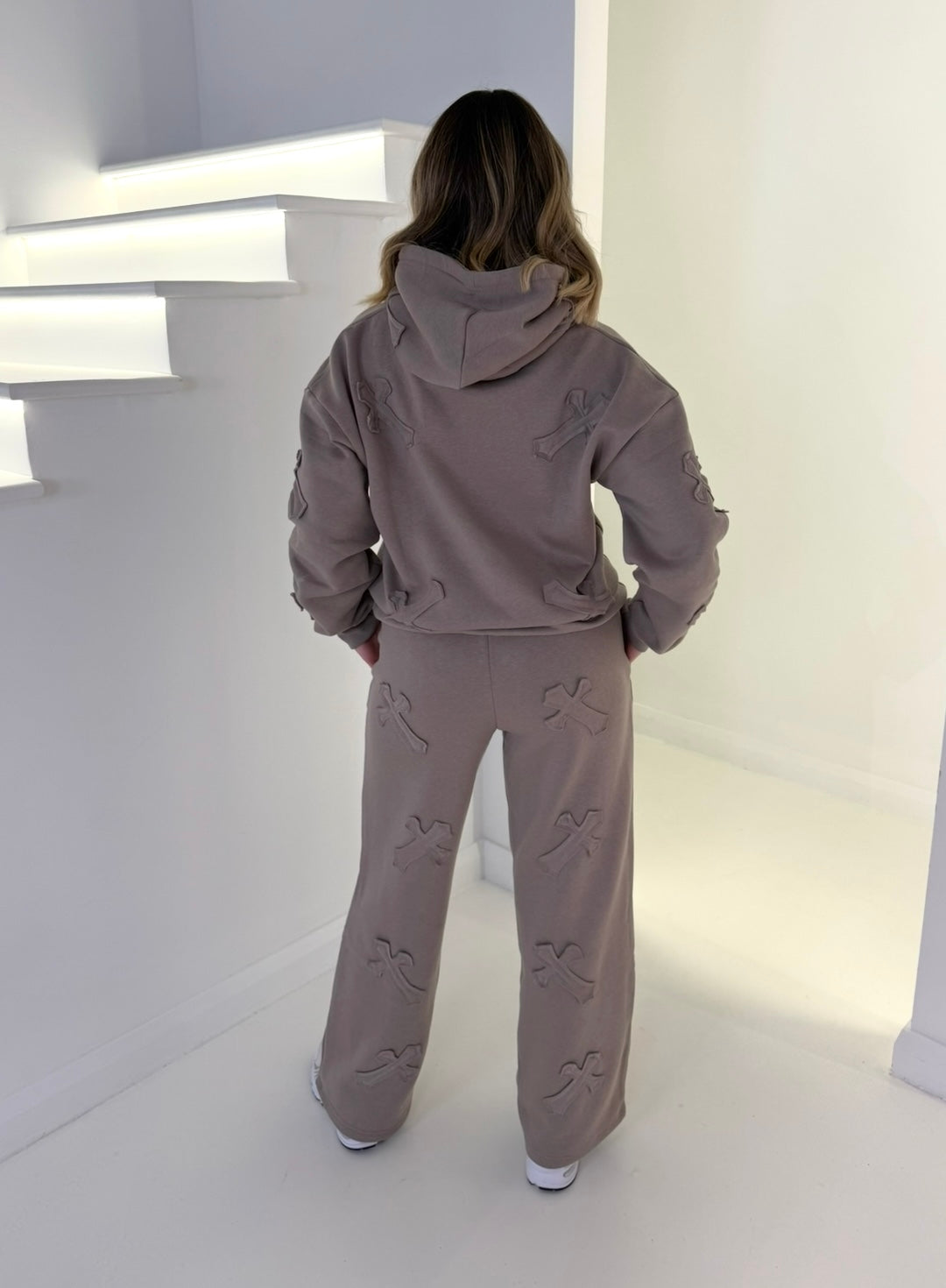 DOVE GREY CROSS STRAIGHT LEG TRACKSUIT, OVER SIZE LOUNGEWEAR