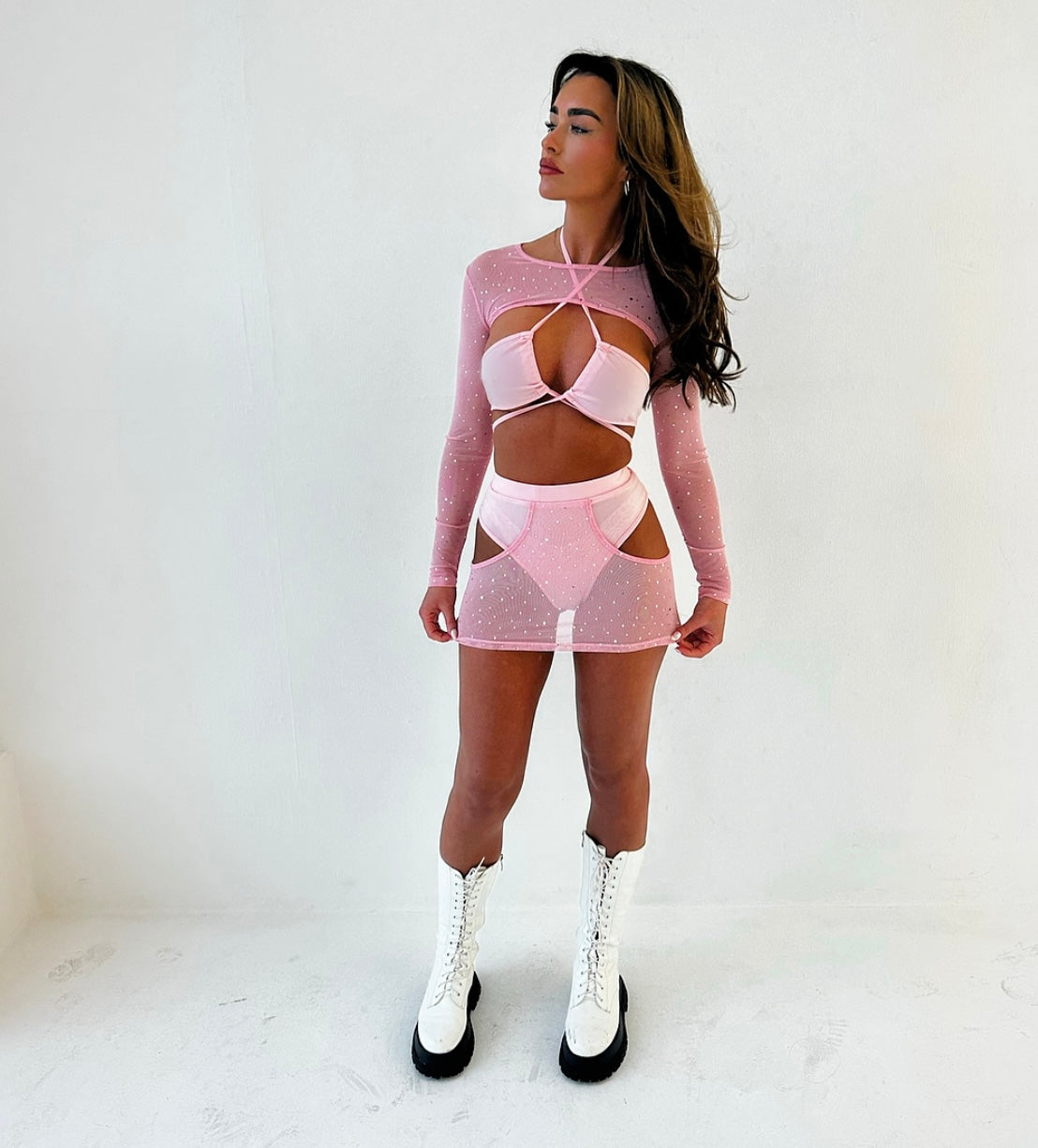 BABY PINK GLITTER FESTIVAL OUTFIT, RAVE OUTFIT, THREE PIECE