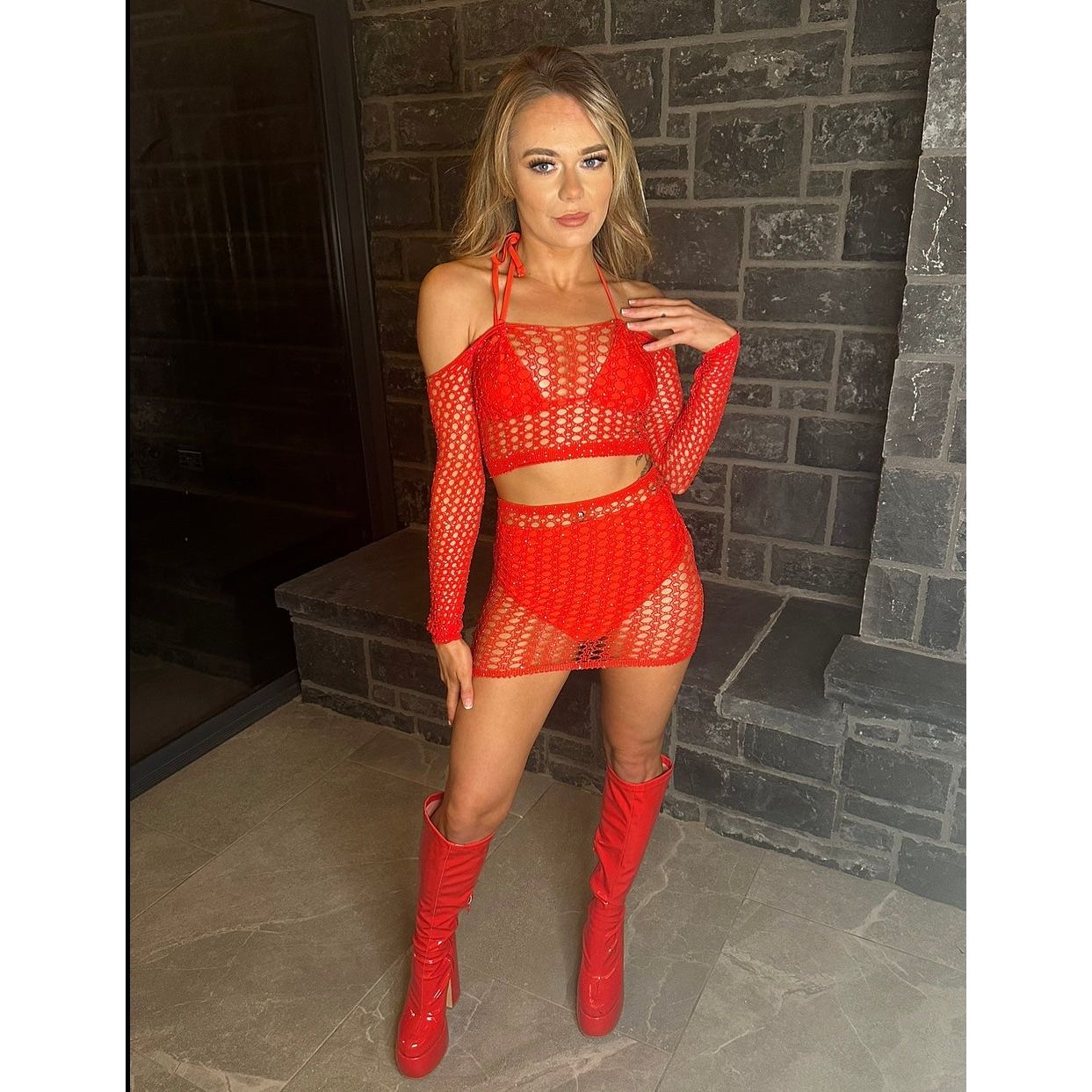 RED RHINESTONE FISHNET TWO PIECE RAVE OUTFIT