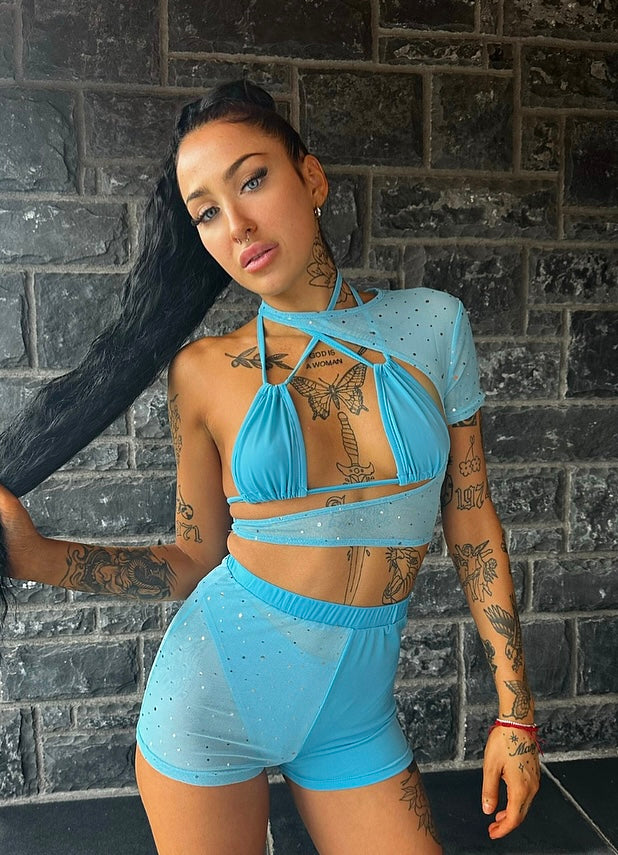 BABY BLUE FOUR PIECE RAVE OUTFIT, FESTIVAL OUTFIT, MESH RAVE WEAR