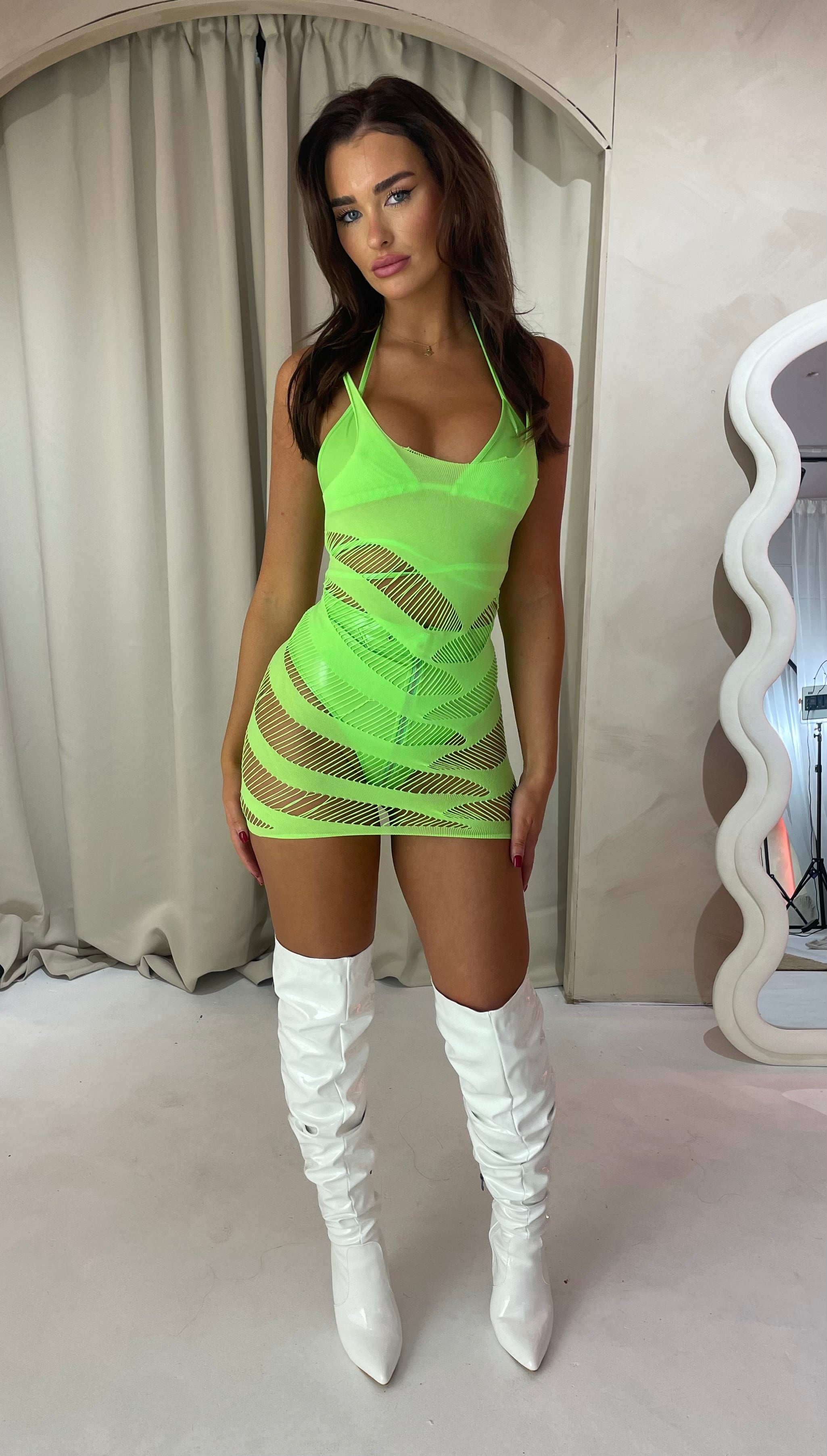 Neon green fishnet dress