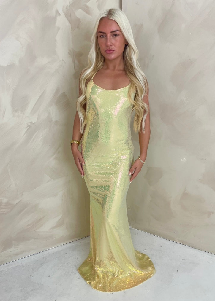YELLOW SEQUIN MAXI DRESS, HOLIDAY DRESS, IBIZA/ MARBELLA