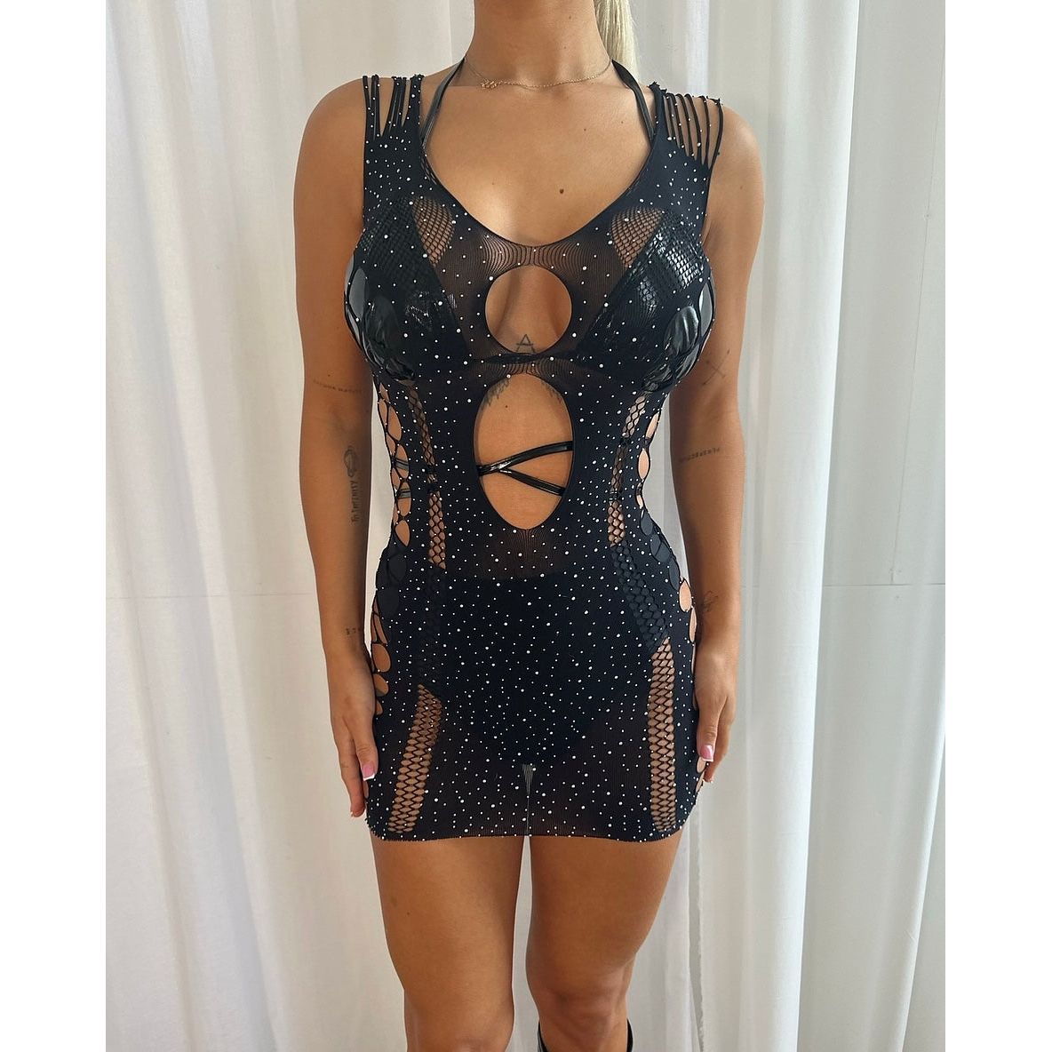 RHINESTONE FISHNET CUT OUT RAVE DRESS, BLACK MESH DRESS