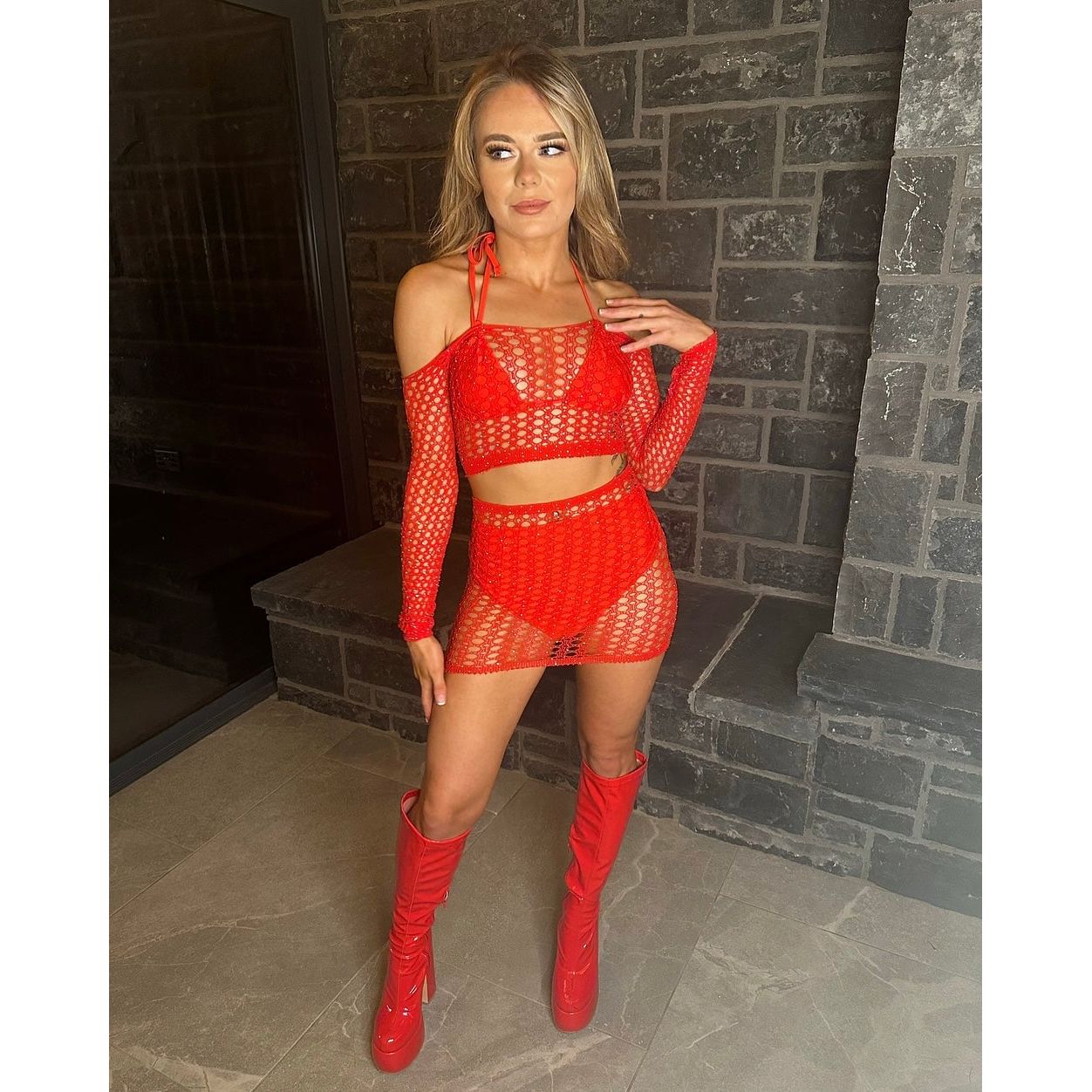 RED RHINESTONE FISHNET TWO PIECE RAVE OUTFIT