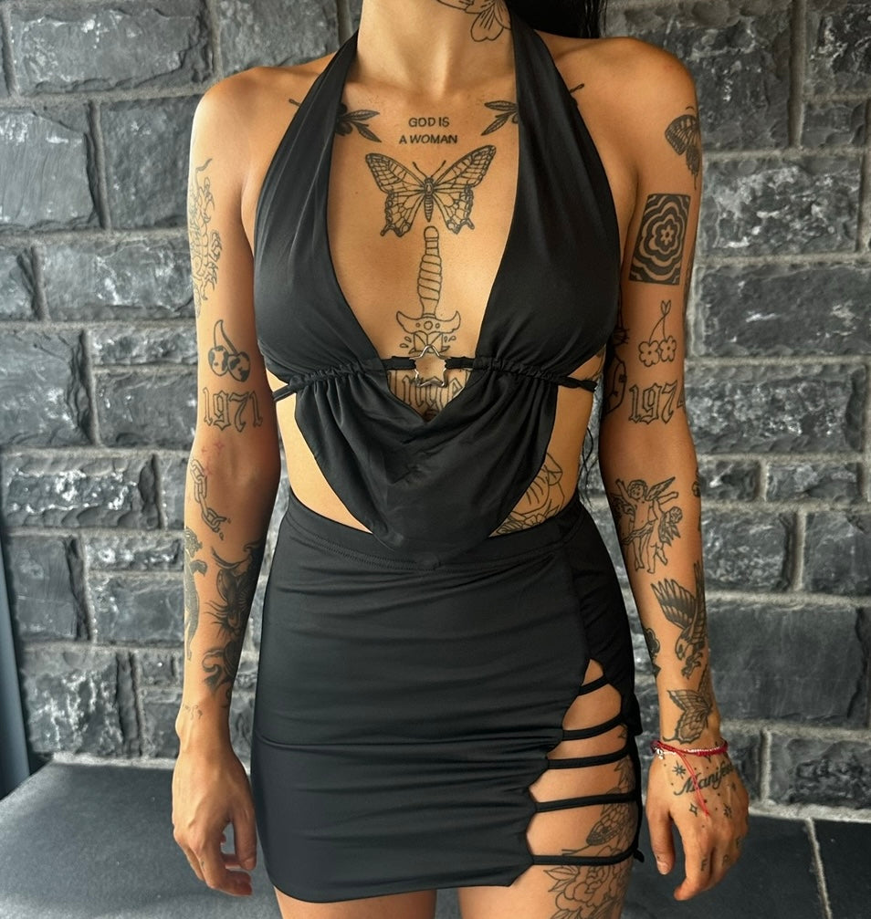 BLACK CO ORD, BLACK CUT OUT TWO PIECE, BODYCON