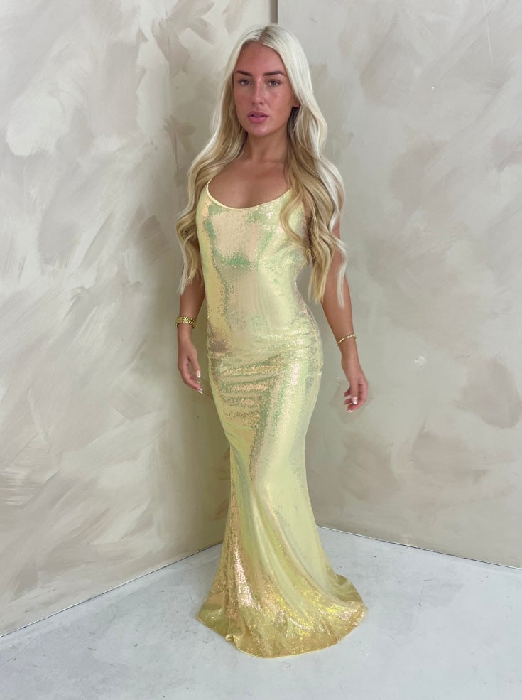 YELLOW SEQUIN MAXI DRESS, HOLIDAY DRESS, IBIZA/ MARBELLA