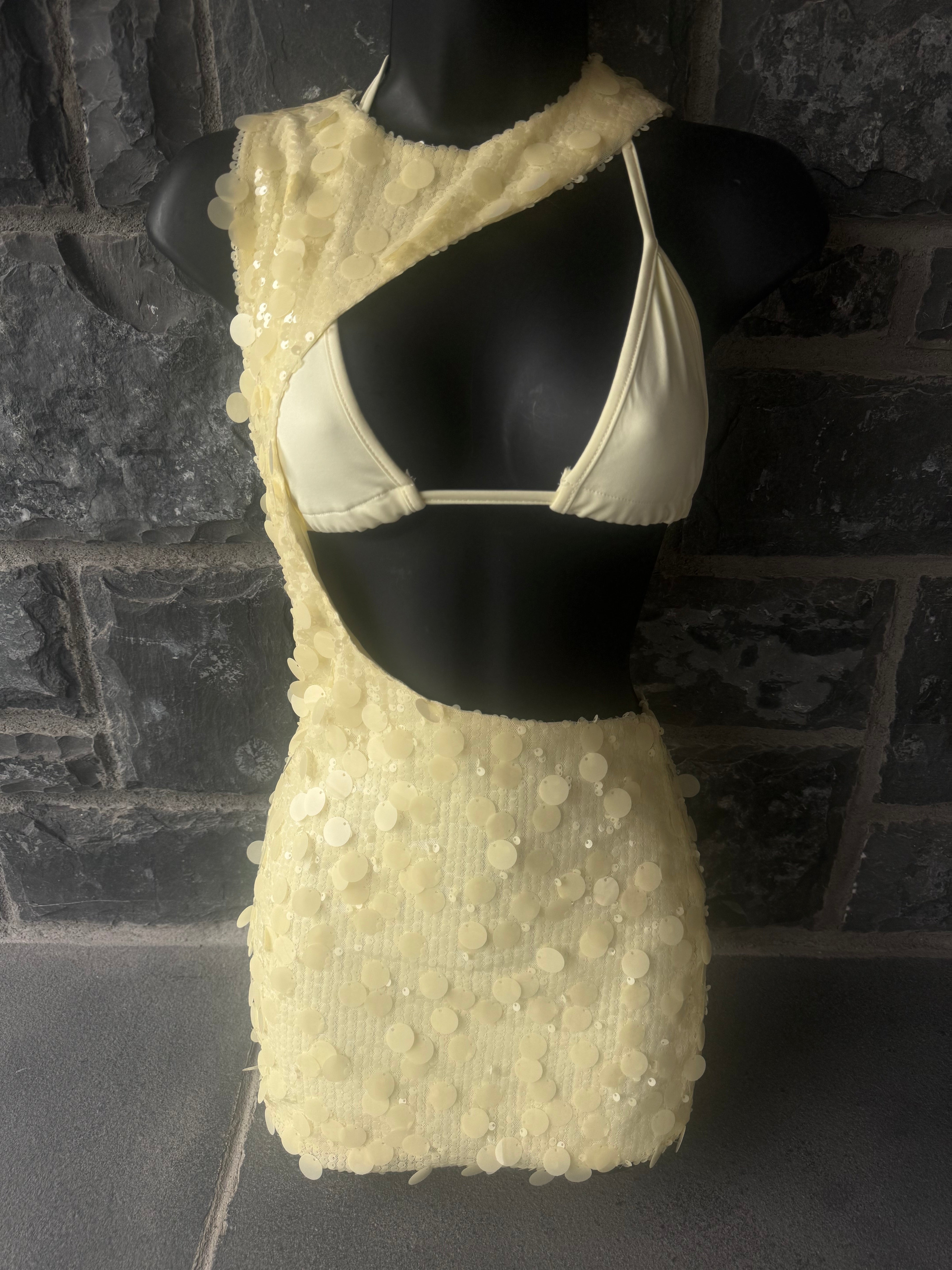 BUTTER YELLOW SEQUIN CUT OUT MINI DRESS, IBIZA / RAVES