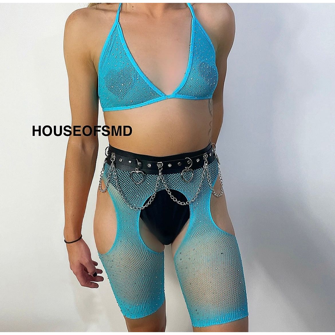 TURQUOISE FISHNET CHAPS TWO PIECE