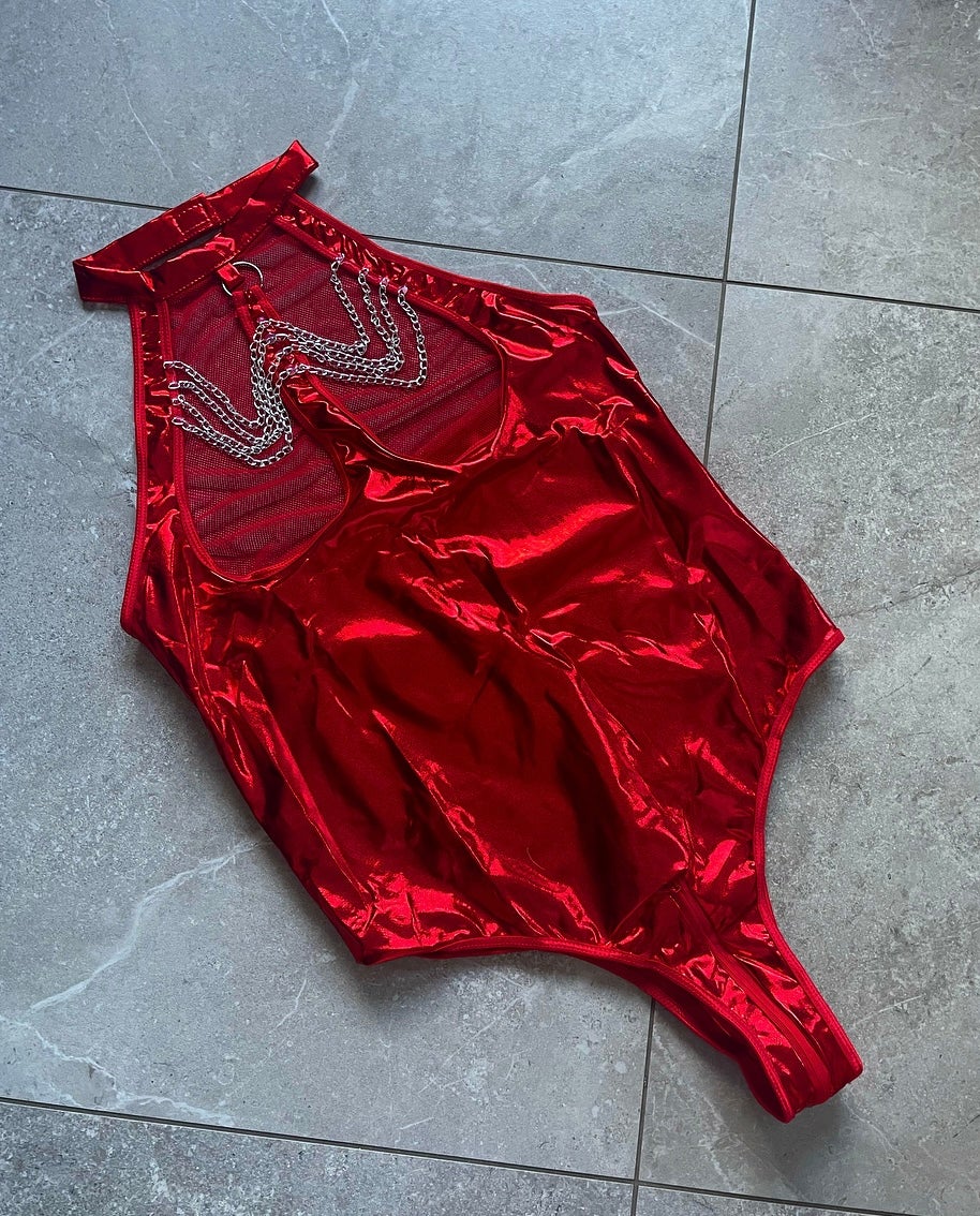 RED CHAIN BODYSUIT WOMENS 10-16 FANCY DRESS