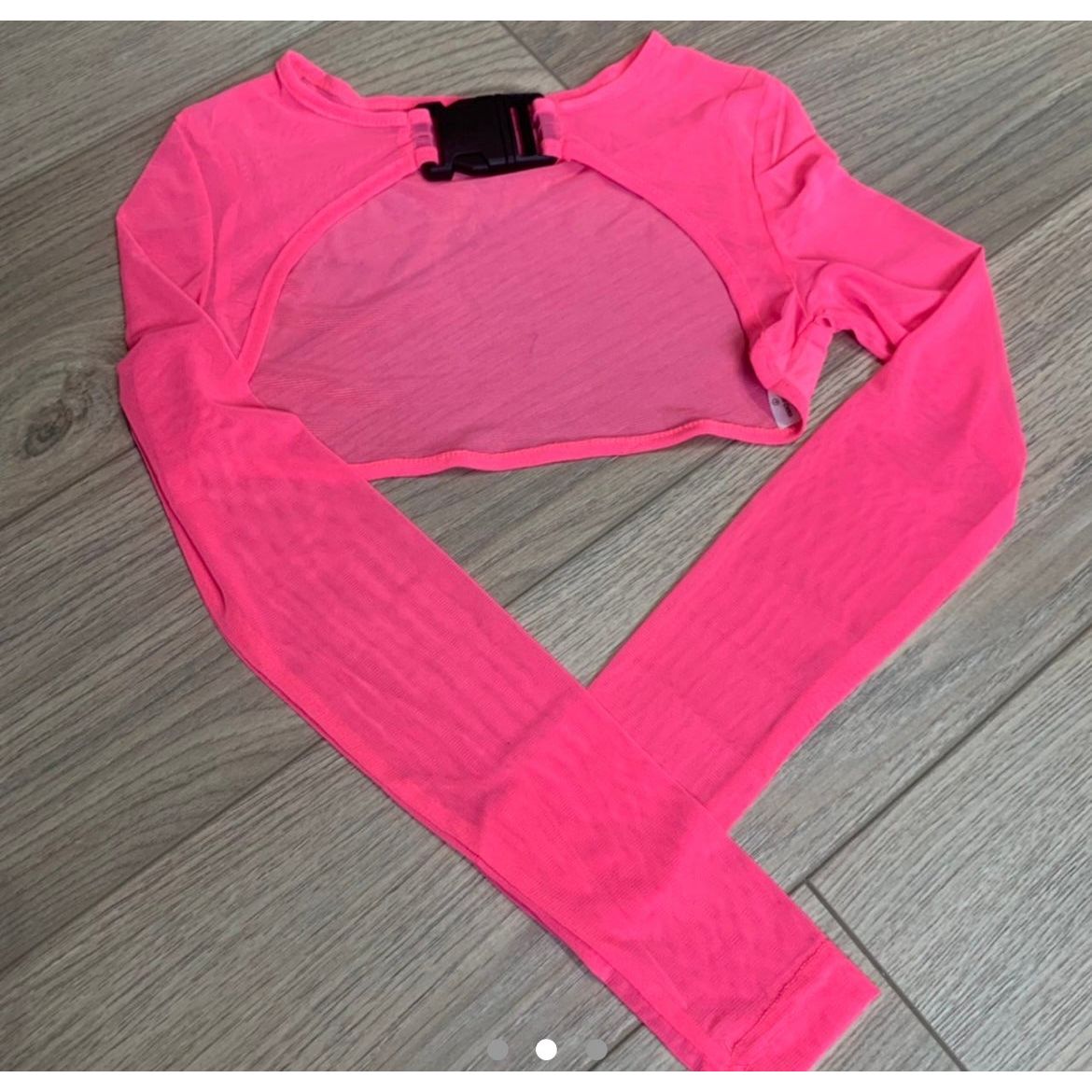 PINK LONG SLEEVE MESH BUCKLE CROP TOP