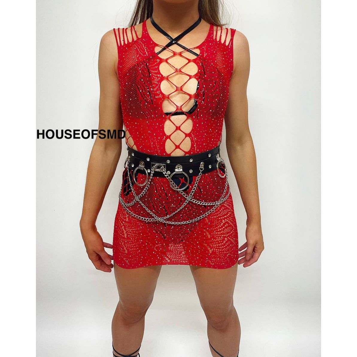 RED RHINESTONE FISHNET DRESS