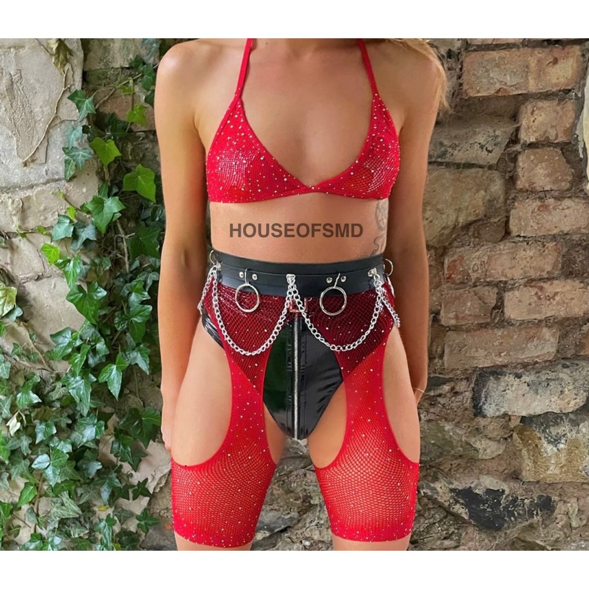 RED FISHNET CHAPS TWO PIECE