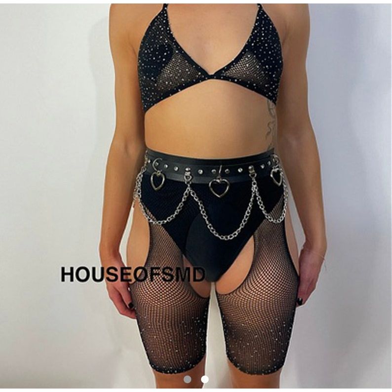 BLACK RHINESTONE FISHNET CHAPS