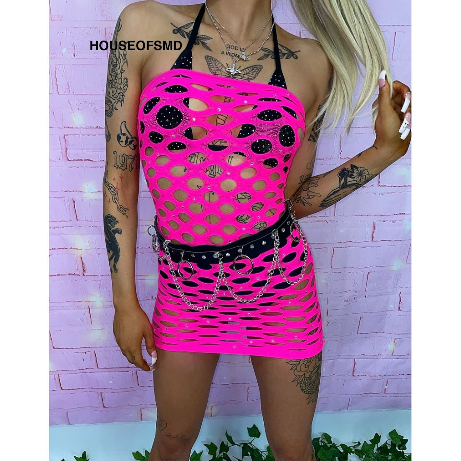 NEON PINK RHINESTONE DRESS