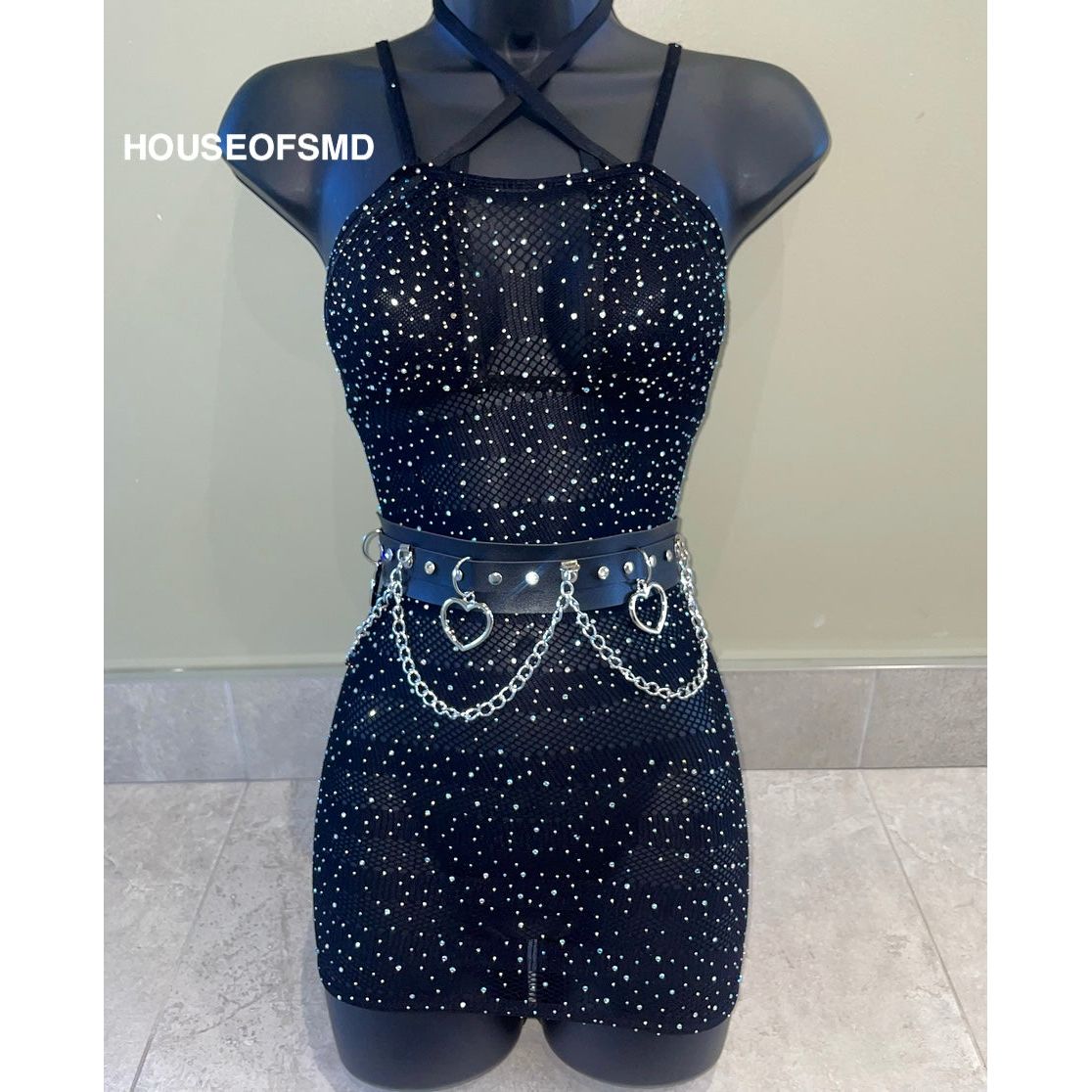 BLACK RHINESTONE FISHNET DRESS