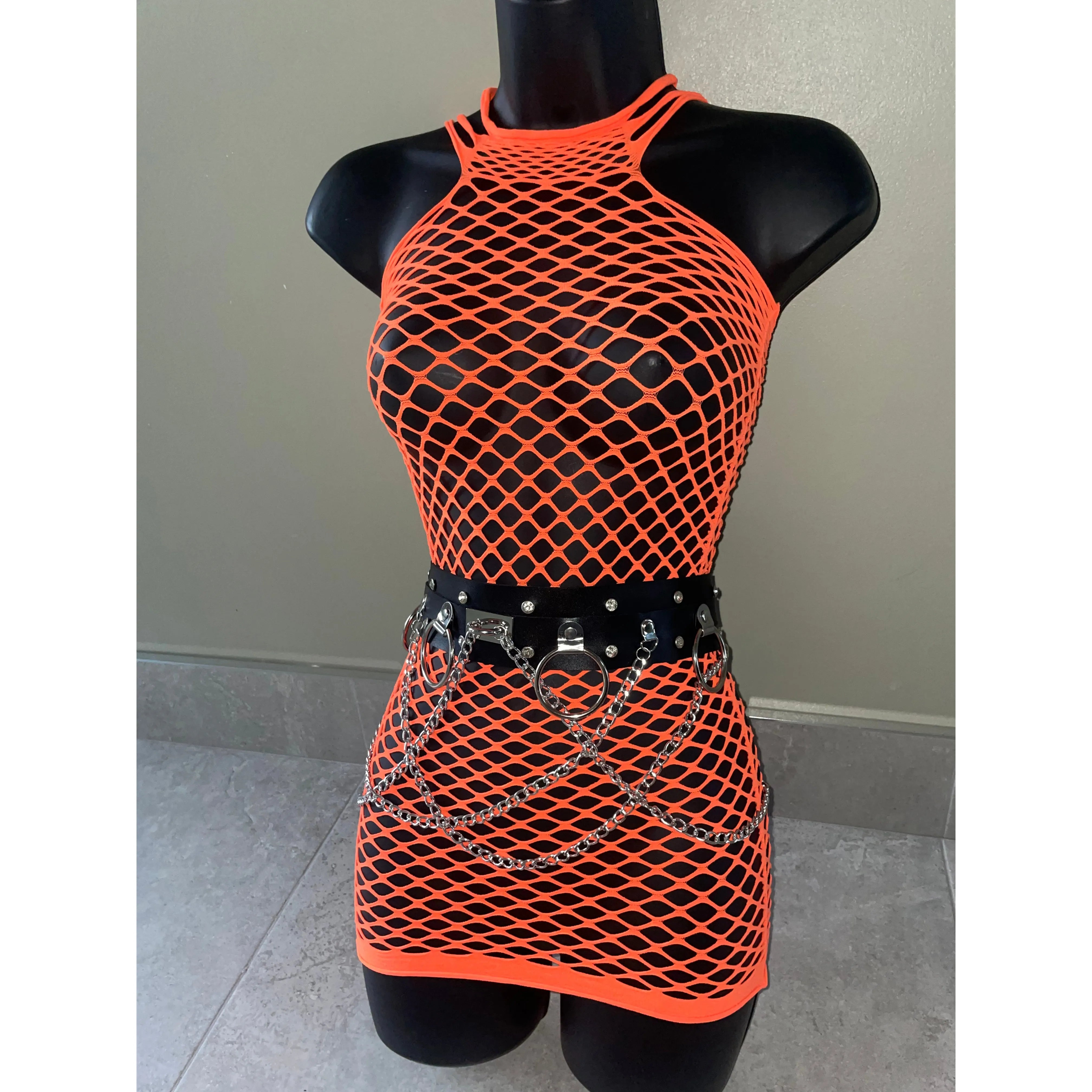 NEON ORANGE FISHNET FESTIVAL DRESS