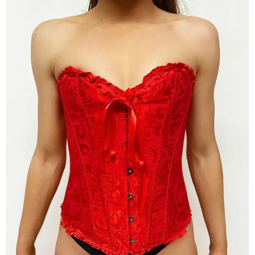 WOMENS RED LACE UP CORSET FANCY DRESS HALLOWEEN COSTUME
