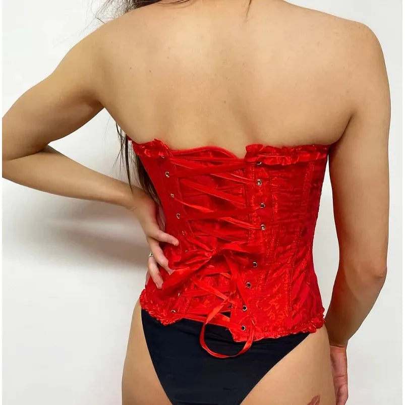 WOMENS RED LACE UP CORSET FANCY DRESS HALLOWEEN COSTUME