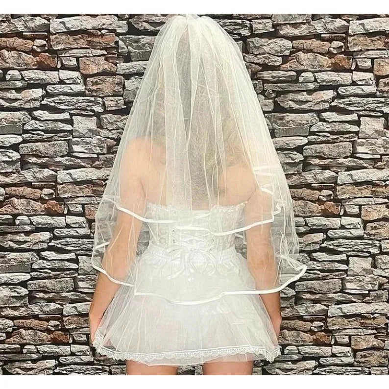 Voile Court Gothique Dentelle Noire - Voile Mariée Halloween Vintage Tulle Brodé Pour Mariage, Soirée Déguisée Ou Shooting